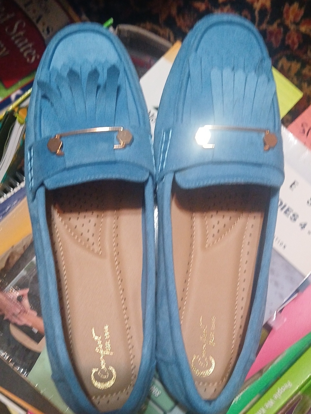 Women's Blue Suede Fringe Loafers with Gold Accent